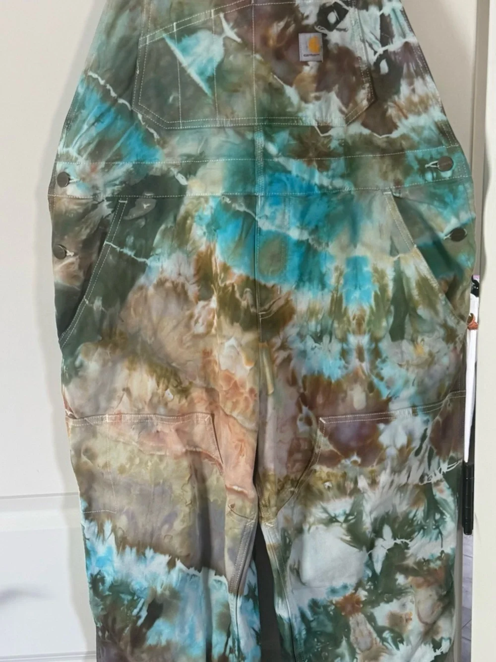 Carhartt Tie-Dye Overalls in Teal, Brown, White - Picture 8 of 9